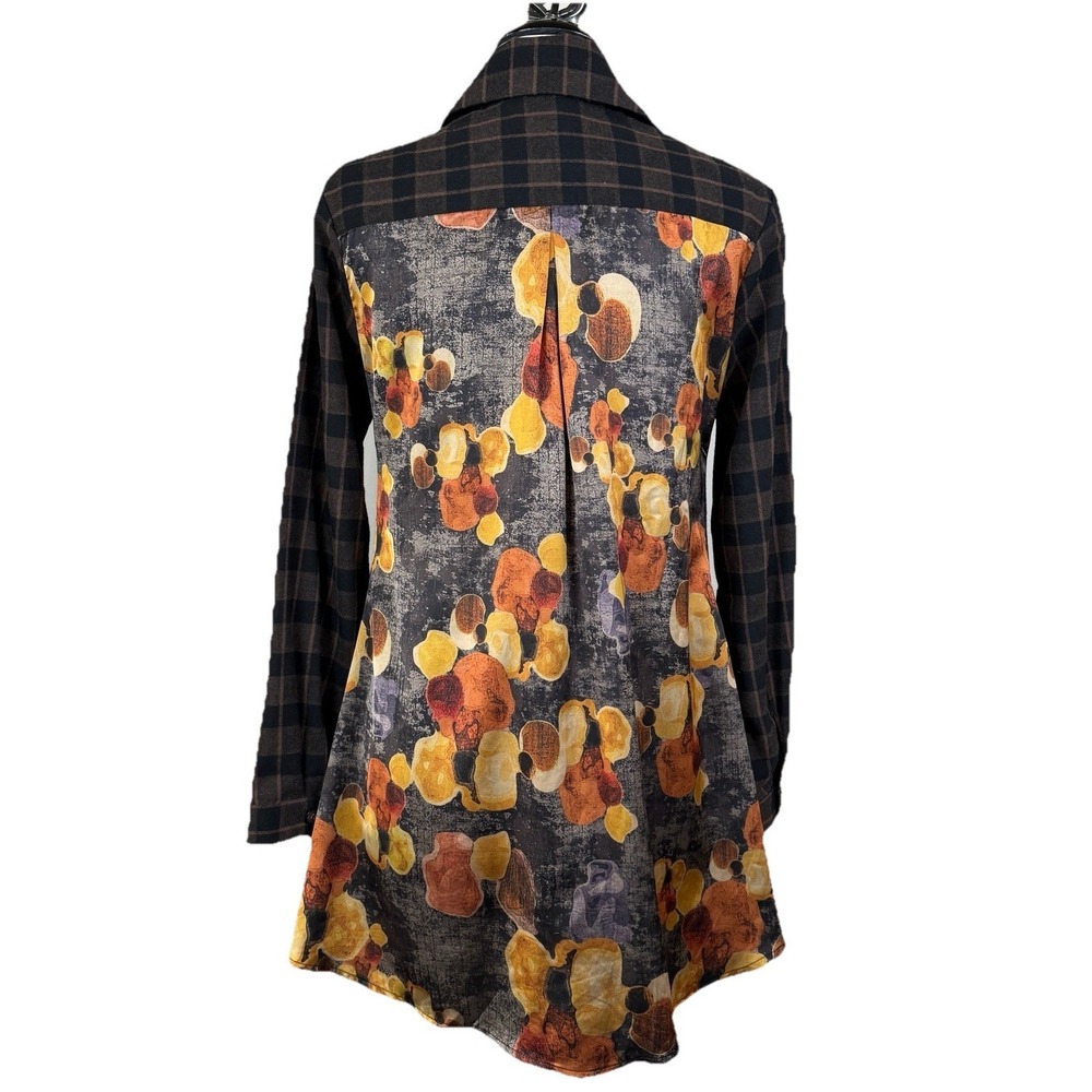 Shana Top Womens XS Brown Plaid Colorful Tunic Floral Art to Wear Artsy Boho